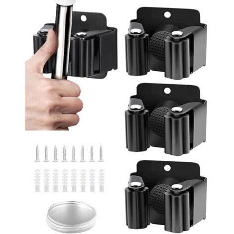 4 Pièces Accroche Balai Mural Sans Percer, Noire en Acier Inoxydable Support Balais Mural, avec 8 Pcs de Vis et 4 Pcs de Colle Sans Trace Dans le Paquet, pour Buanderie Jardin, Organisation du Garage (1/4)