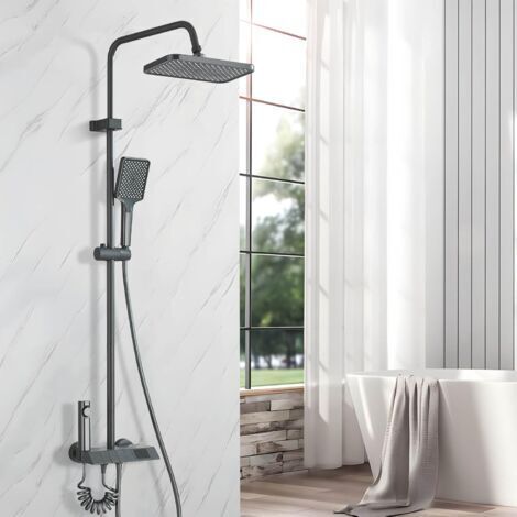 Ensemble de douche pour salle de bain gris, colonne de douche, pomme de douche avec écran numérique, pomme de douche rectangulaire en ABS, poignée de douche à trois fonctions, douchette à main (1/5)