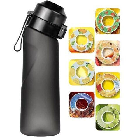 Gourde Sport-650ml Étanches Gourde Paille,7 Capsules Aromatisées,Pods Parfumés Pour Eau Aromatique 0 Sucre,idéale Pour L'école,La Salle De Sport, Les Voyages Gym (Black)