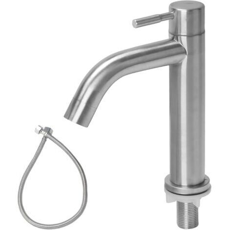 Robinet Eau Froide Acier Inoxydable, Robinet Eau Froide Lave Main avec Tuyau, Mitigeur Lavabo, Robinet Baignoire pour WC Invités, Salle Bain, Installation Facile (Sortie Courbe) (1/5)