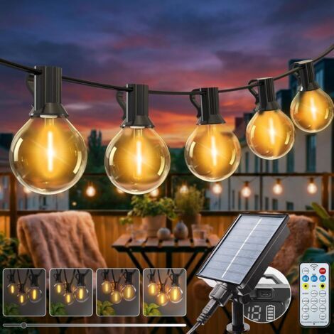 Guirlande Solaire Exterieur Dimmable, 8 Modes 5M Guirlandes Lumineuse Exterieure Solaires, IP65 Étanche Lumiere Guinguette G40 Ampoule pour Jardin Terrasse Cour Pergola Fête