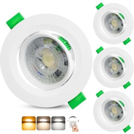 Spot LED Encastrable Dimmable 230V, 5W 500LM Spots de Plafond Orientable Blanc Chaud Blanc Neutre Blanc Froid Réglable, Extra Plat IP44 Spot Salle de Bain, Trou Ø68-80mm, Blanc Lot de 3