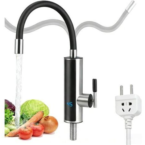 Robinet électrique en acier inoxydable avec chauffe-eau instantané de 3300 W - Avec affichage de la température LED, fonction rotative à 360° et tuyau de raccordement de 40 cm - Noir