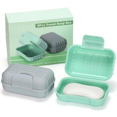 2 Pièces Boite à Savon avec Couvercle, Portable Boite a Savon Voyage, Boite à Savon avec Fond Surélevé, Porte Savon Voyage Étanche et Antifuite pour Douche et Extérieur (Vert & Gris) (1/5)