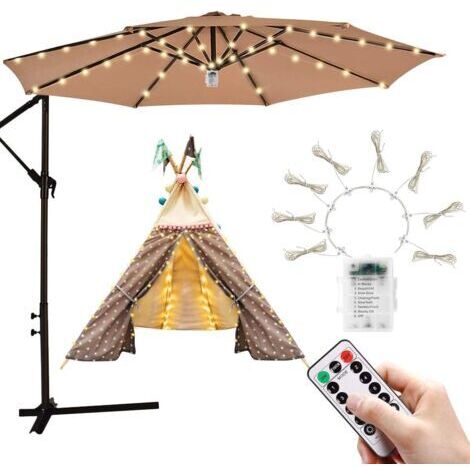Guirlande lumineuse pour parasol de terrasse, 8 modes de luminosité, 104 LED, blanc chaud, étanche, variable, fonctionne sur piles, utilisation intérieure/extérieure (1/5)