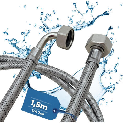 Tuyau d'arrivée d'eau en acier inoxydable résistant aux torsions I 1,5 m I Raccord 3/4" pour lave-linge et lave-vaisselle I Tuyau coudé/droit blindé avec joint I Universel (1/4)