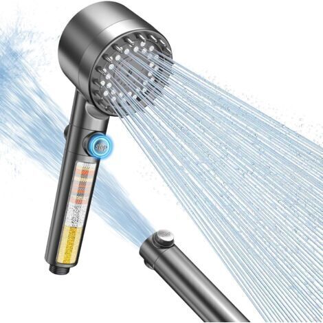 Pommeau de Douche Anti Calcaire avec Filtre à 15 Couches, 3+1 Types de Jets Pommeau Douche Haute Pression,Douchette Douche avec Stop Eau,Economie Deau (Gris) (1/5)