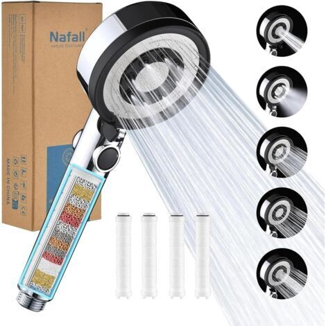Pommeau Douche avec 4 Pp Filtres - Pommeau De Douche Haute Pression Anti Calcaire, Douchette Douche Salle de Bain avec 5 Modes de PulvéRisation, Chromé (Sans Tuyau ni Support) (1/5)