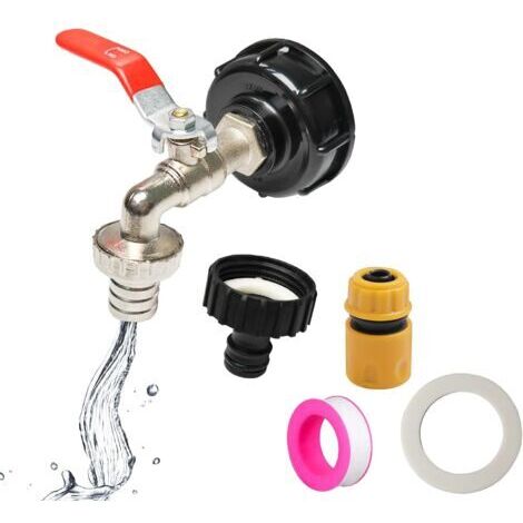 Kit de robinet d'écoulement IBC, adaptateur de réservoir S60 x 6, avec robinet 3/4", raccord standard et raccord rapide pour conteneur IBC 1000 l (1/5)