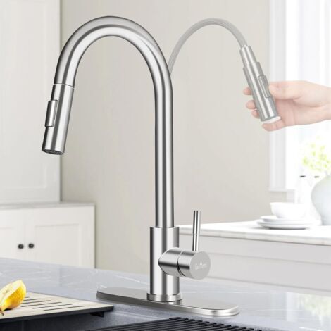 Robinet de Cuisine Moderne Anti-Éclaboussures - Pulvérisateur Extractible à Installation Facile - Robinet d'Évier en Acier Inoxydable avec Plaque de Pont - Tête de Rechange Antirouille (1/5)