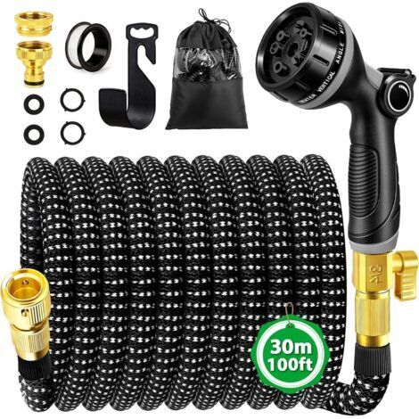 Tuyau Arrosage Extensible 30m, Tuyau d'arrosage Retractable avec 1/2" et 3/4" Adaptateur, Tuyaux d'arrosage avec 10 Modèles de Pulvérisation pour Jardin Irrigation Nettoyage Laver la Voiture (1/5)
