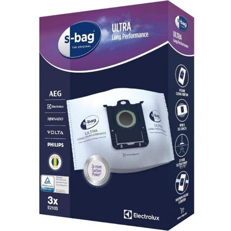 Boite de 3 Sacs d'Aspirateurs, S-Bag Ultra Long Performance, Excellente Filtration, Fermeture Automatique Hygiénique, 5L, E210S [Classe énergétique B]