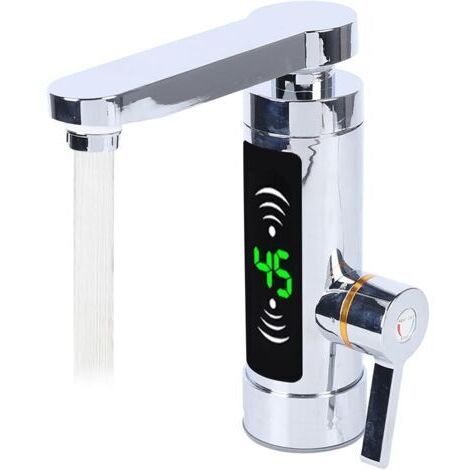 Robinet électrique avec chauffe-eau instantané, 3000 W, avec affichage de la température LED, rotatif à 360°, pour cuisine et salle de bain, prise européenne, en acier inoxydable argenté (1/5)