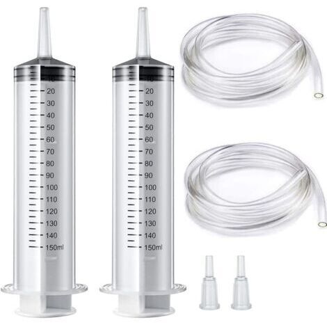 Lot de 2 grandes seringues de dosage en plastique de 150 ml avec tube de 1,3 m et adaptateur d'embout pour laboratoire scientifique, industriel [usage non médical]