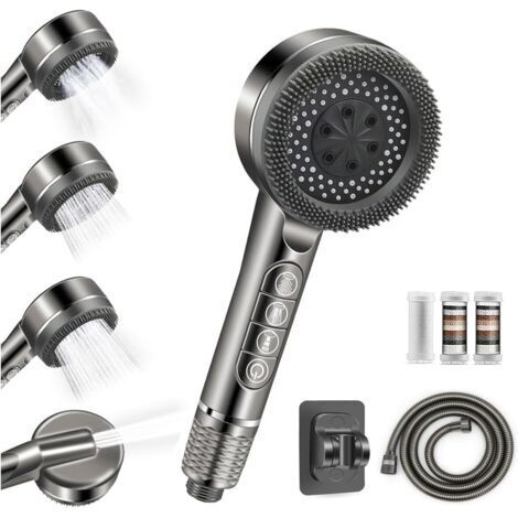 Pommeau de Douche Anti Calcaire Haute Pression avec Filtre Intégré, 4 Types de Jets et Bouton d'Arrêt d'Eau, Pommeau Douche Économie d'Eau, Inclus Tuyau 1,5M et Support pour Salle de Bain, Gris (1/5)