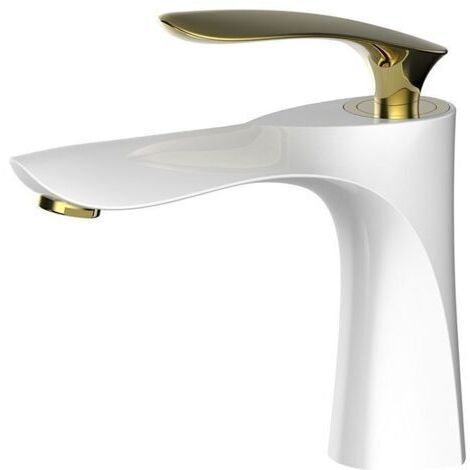 Mitigeur de lavabo à montage sur pont – Fini blanc et chromé doré – Laiton résistant à la corrosion – Cartouche céramique économe en eau