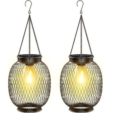 Lampe Solaire Exterieur Jardin Suspendue, IP65 Étanche Lanterne Solaire Exterieur 2 Pièces Métal Lumiere Solaire Exterieur avec Ampoule LED Lampe Solaire Balcon pour Porche Cour Jardin Terrasse [Class (1/5)