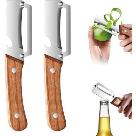 Éplucheur multifonction Gigant en acier inoxydable avec manche en bois et décapsuleur, lame large pour éplucher efficacement les pommes de terre, concombres et plus (A)