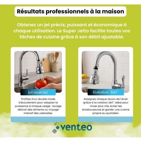 Embout Robinet Cuisine Super Jetto Aérateur Robinet Universel Rotation 360° Economiseur d'Eau Jet Puissant & Jet Perle Installation Facile et Anti (1/5)