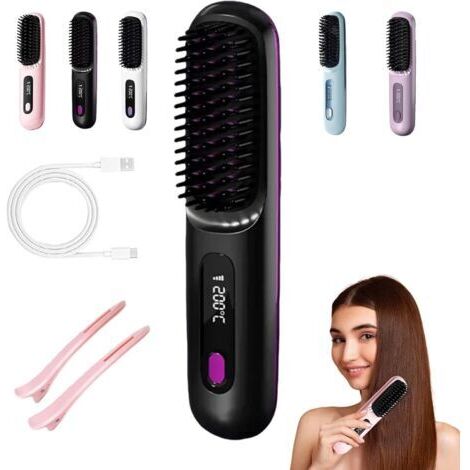 Brosse Cocoony pour Cheveux Courts Brosse Lissante Rechargeable Portable,avec Affichage LCD,Réglage de la température en 3 étapes,Chauffage Rapide 20s,Pour Coiffage Quotidien & Voyage (Noir)