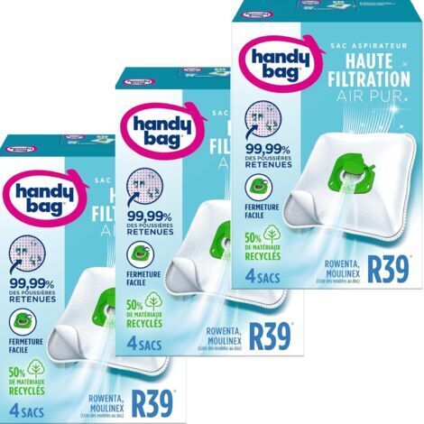 Sacs aspirateur R39 x4sacs - Compatibles Moulinex, Rowenta, Tefal - 99,99% des poussières retenues - Fermeture facile - Anti-allergène - 50% de matériaux recyclés LOT DE 3