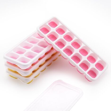 Bac à glaçons, lot de 4 moules à glaçons avec couvercle, 14 bacs à glaçons en silicone, certifié LFGB, sans BPA, adapté aux purées pour bébés, whisky fruité, rose et jaune (1/5)