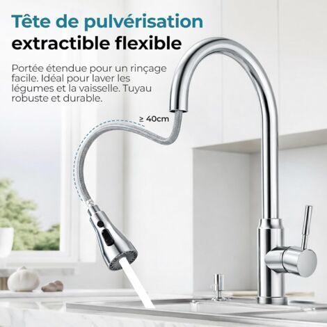 Robinet De Cuisine Chromé – Pommeau De Douchette Extractible Anti-éclaboussures, Moderne