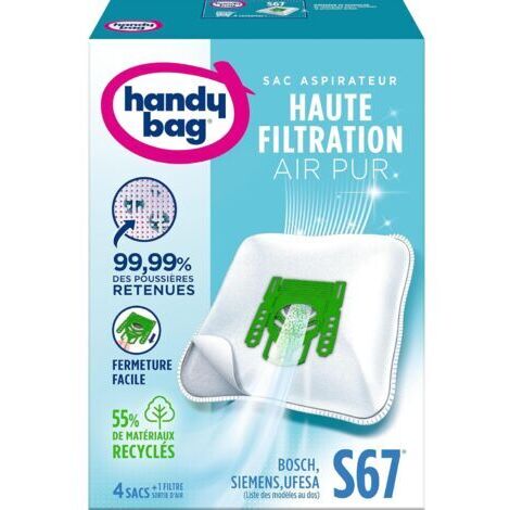 Sacs aspirateur S67 x4sacs - Compatibles Bosch, Siemens, UFESA - 99,99% des poussières retenues - Fermeture facile - Filtre anti-allergène - 55% de matériaux recyclés (1/5)