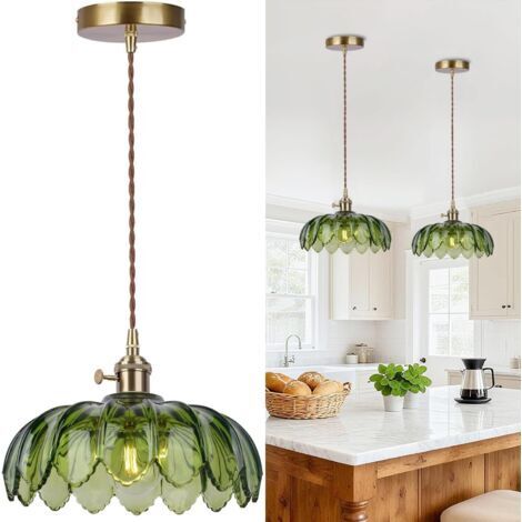 Suspension Luminaires en Verre Vert, E27 Vintage Lampe Suspendue avec Abat-jour en Verre Fleurs, Lustre Plafonnier Laiton Doré, Hauteur Réglable Éclairage de Plafond Pour Chambre Cuisine Salle à Mange (1/5)