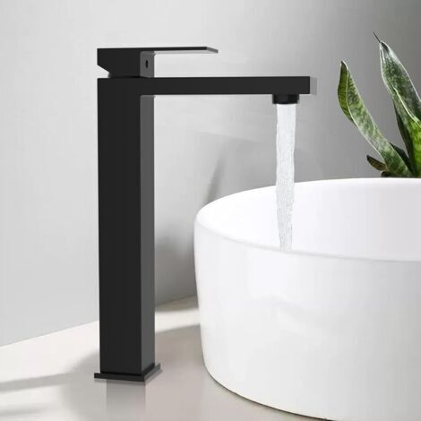 Robinet Salle Bain Noir, Robinet Lavabo Haut, Hauteur de bec 240 mm, Mitigeur Vasque à Poser pour Chaud et Froid, Mitigeur Lavabo en Acier Inoxydable avec 60 cm Tuyaux(Noir mat)
