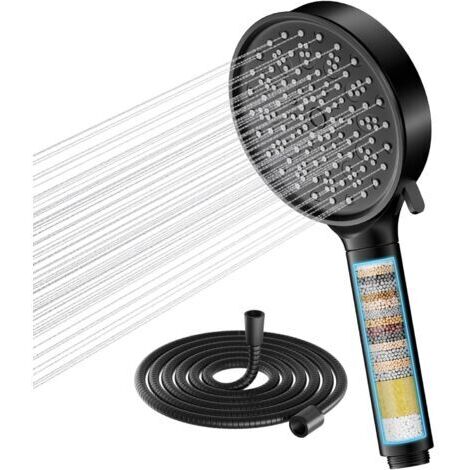 Filtre Pommeau de douche Anti Calcaire avec 20 Étapes Filtre et avec Tuyau 1,5M, 6 Types de Jets Pommeau Économie Deau Haute Pression (Noir) (1/5)