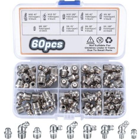 60 Pièces Assortiment de Graisseurs, Filetés de Graissage, M6 M8 M10 Raccords de Graisse, Raccords Filetage Mâle Graisseurs droit/45°/90° pour Équipement Mécanique graisseur a Visser (1/5)