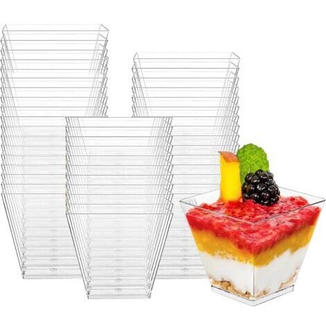 Lot de 100 Verres à Dessert en de 60 ml, Réutilisables à Dessert pour Pudding, Mousse, Crème Glacée, Gobelets à Dessert Carrés pour Anniversaire (Trasparente) (100) (1/5)
