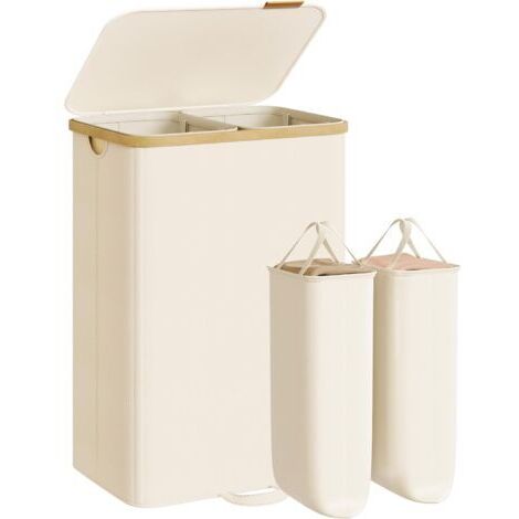 Panier à Linge avec Couvercle, Corbeille pour Linge Sale, Sacs Amovibles, Cadre en Bambou, pour Buanderie, Chambre, 2 Compartiments, 150 Litres, Blanc Crème LCB532WD01 (1/5)
