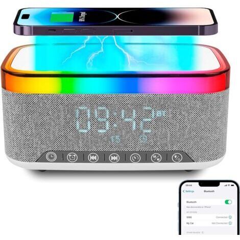 Lampe de Charge sans Fil, Reveil Chargeur Induction, Enceinte Bluetooth avec éclairage d'ambiance synchronisé avec la Musique, Réveil numérique,pour Chambre/Camping/décor de Salon (1/5)