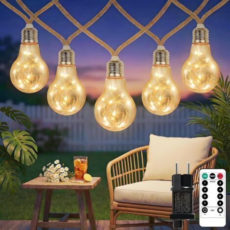 Guirlande Lumineuse Exterieure Solaire, 7M 20LED Guirlande Guinguette Exterieur Solaire avec Corde de Chanvre, 8 Modes Timer Vintage Guirlande Lumineuse Solaire, pour Jardins Fête Balcon Chambre