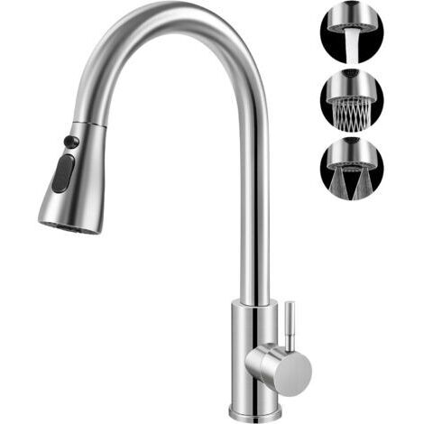 Robinet de Cuisine Haute Pression avec Douchette Extractible, Mitigeur Extensible, avec 3 Fonctions de Pulvérisation, Pivotant à 360°, en Acier Inoxydable (1/5)