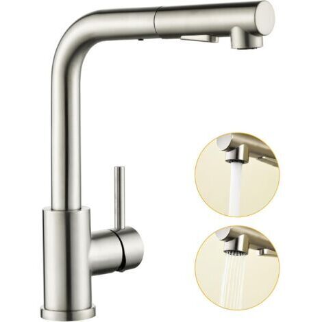 Robinet de cuisine , mitigeur extractible avec haute pression, mitigeur d’évier de cuisine avec douchette, 2 types de jets d’eau, mitigeur cuisine en acier inoxydable, pivotant à 360° (1/5)