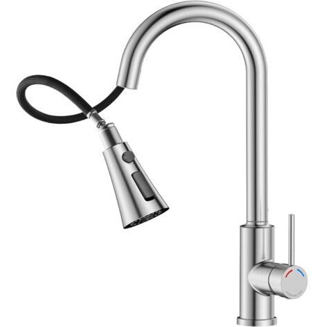 Robinet de Cuisine à Ressort avec Douchette Extractible, Mitigeur Évier Bec Haut Pivotant 360°, 4 Modes de Jet, Acier Inoxydable Brossé, Installation 1 Trou (38,6 cm)