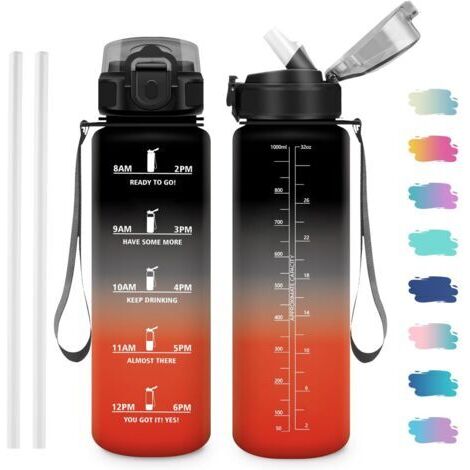 Gourde 1L, Gourde Motivation avec Marqueur de Temps, Bouteille d'eau avec Paille, Bouteille sans BPA pour Yoga, l'école, Camping, Bureau (1/5)