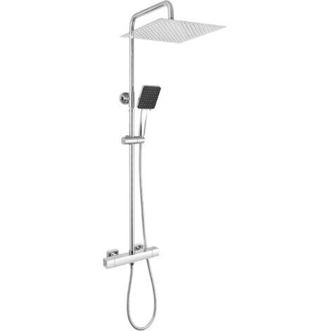Colonne de Douche Thermostatique Anti-Calcaire, Ensemble de Douche Complet avec Ciel de Pluie 30cm, Idéal pour Rénovation (Ajustable sans nouveaux trous), Mitigeur Sécurisé 38°C, Chrome