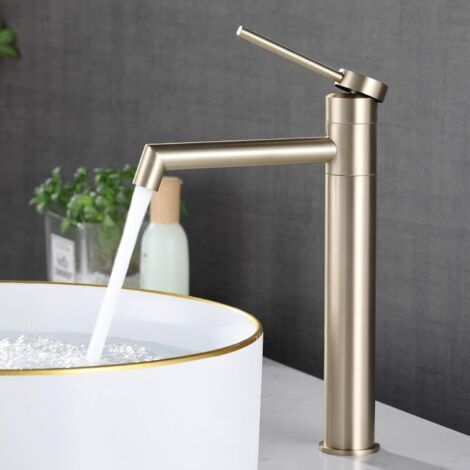 Robinet Lavabo Doré, Mitigeur Lavabo Haut, Robinet Vasque Salle de Bain, Mitigeur pour Vasque Rotatif 360°, Or Brossé, 7M4OK-T