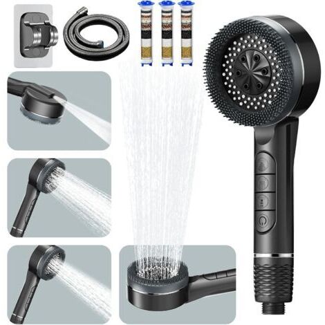 Pommeau Douche Haute Pression,Pommeau De Douche Anti Calcaire,Avec 15 Étapes Filtre3 et Tuyau 1,5M,Support,4Types de Jets Douchette Douche Salle de Bain,SPA Shower Head Economie,Gris (1/5)