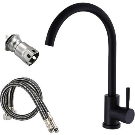 Robinet de cuisine en acier inoxydable 304 noir : robinet rotatif à 360° mitigeur monocommande avec bec haut, robinet pour cuisine avec raccords G3/8, robinet d'évier avec tuyau d'alimentation (1/5)