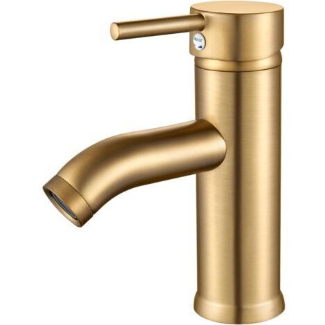 Robinet Salle Bain Monocommande Mitigeur Lavabo, Robinet Lavabo Salle de Bain Acier Inoxydable, Réglable Chaud et Froid, Aérateur Amovible, Or Brossé Laiton