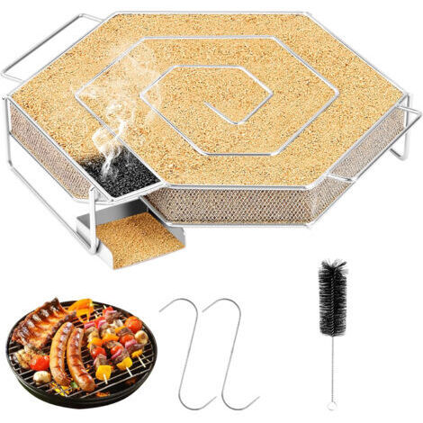 Générateur de fumée froide avec poignée, en acier inoxydable, avec 2 crochets et 1 brosse de nettoyage, adapté aux barbecues, fumeurs, réutilisable, 21 x 18 x 4 cm (1/5)