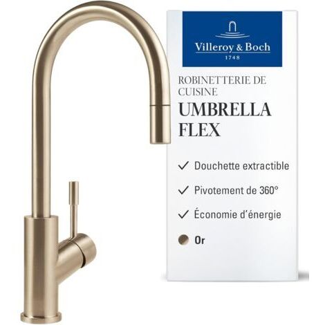 Robinetterie Umbrella Flex, haute pression, robinet avec douchette extractible et rotation 360°, robinetterie économique, bec 220 mm, gold