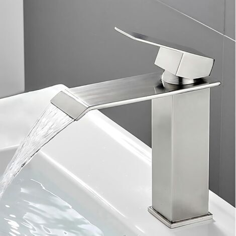 Robinet cascade pour salle de bain, robinet d'évier à une poignée, économie d'eau, bec chaud et froid, robinet de salle de bain en acier inoxydable (brossé)