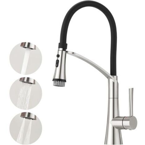 Robinet mitigeur de cuisine à levier unique, avec douchette extractible à double fonction, rotation à 360°, avec tuyau en silicone noir, en acier inoxydable (1/5)