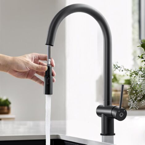 Robinet de cuisine noir extensible, 2 types de jet, robinet d'évier haute pression rotatif à 360°, mitigeur en acier inoxydable avec douchette, robinet de cuisine noir (1/5)